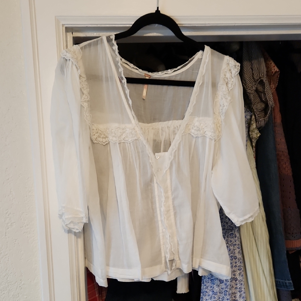 Free People Sheer White Lace Blouse